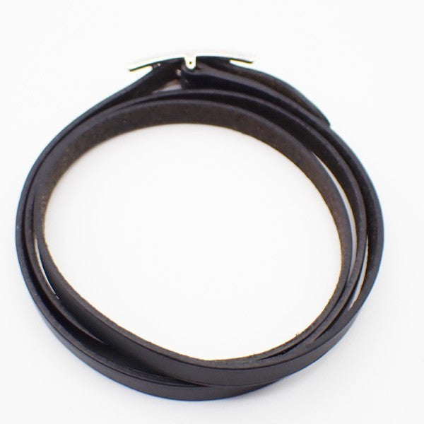 HERMES Api 3 Triple Tour Long Bracelet SHW Leather Sliver Black 64RL493
