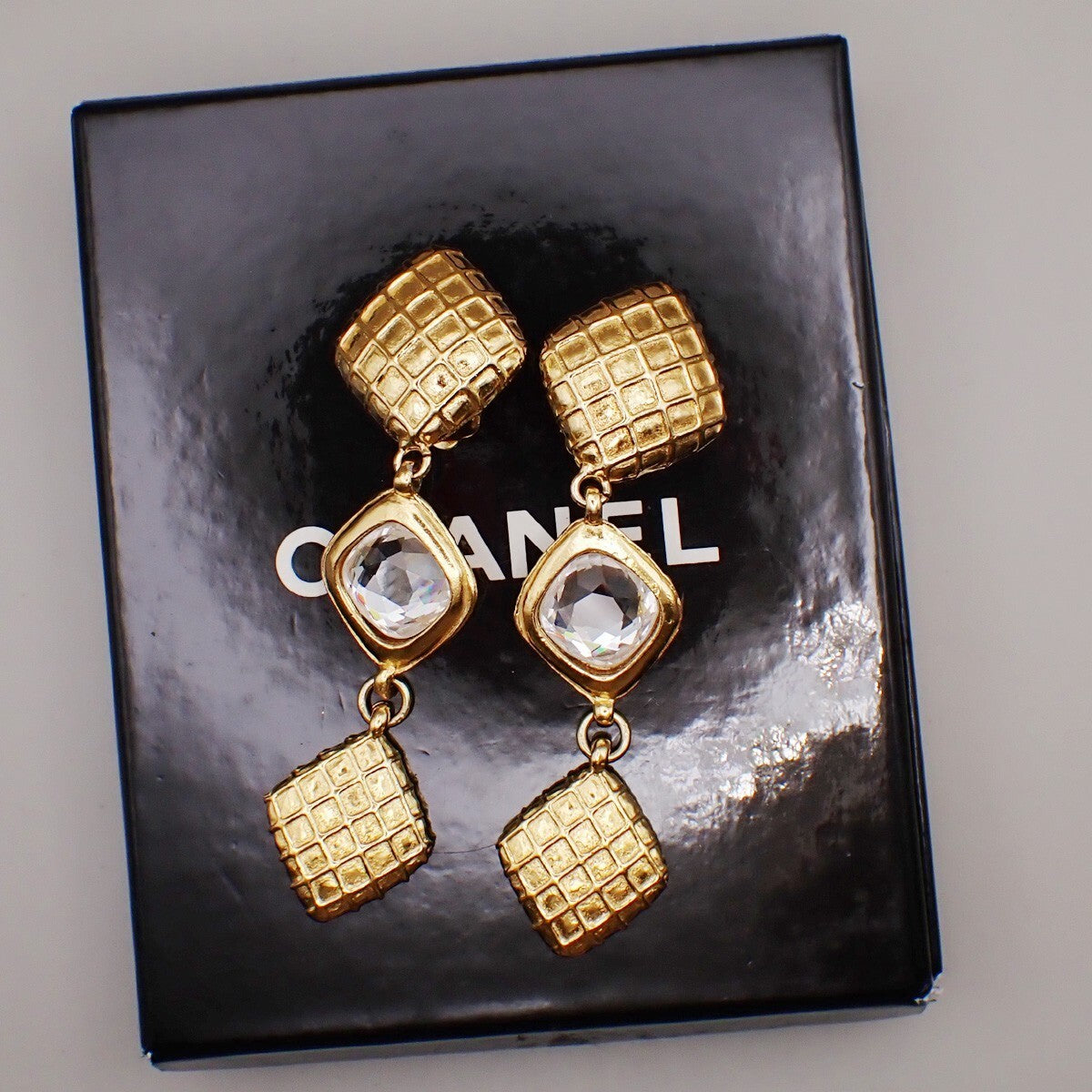 CHANEL Matelasse Diamond Shape Drop Earrings Rhinestone Clip-On Gold 73RL067