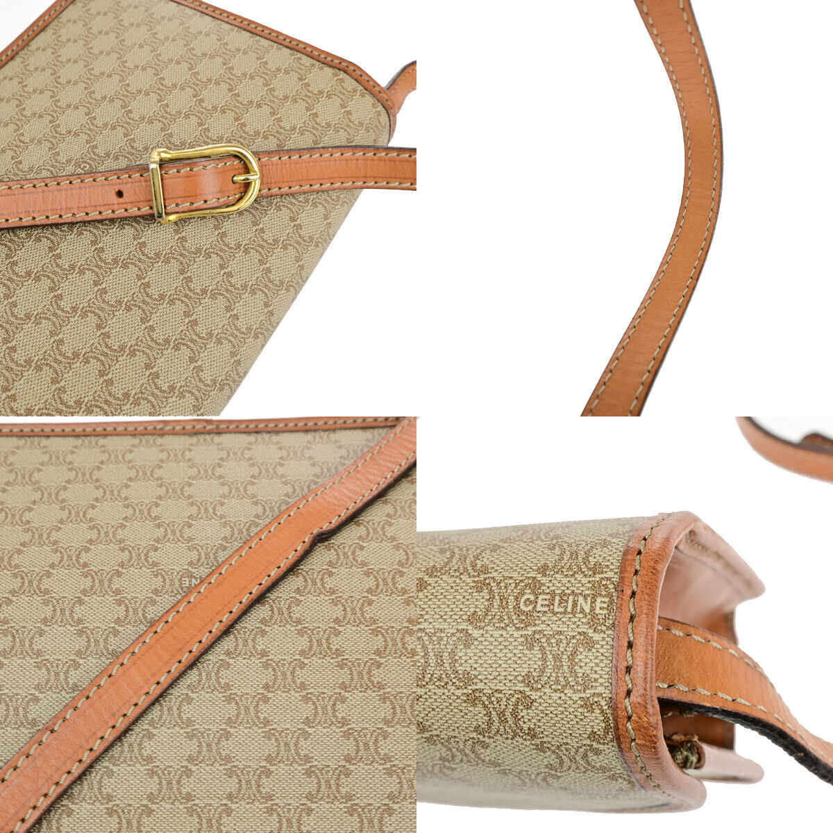 CELINE Logo Macadam Pattern Shoulder Bag PVC Leather Brown Beige GHW 33YF563