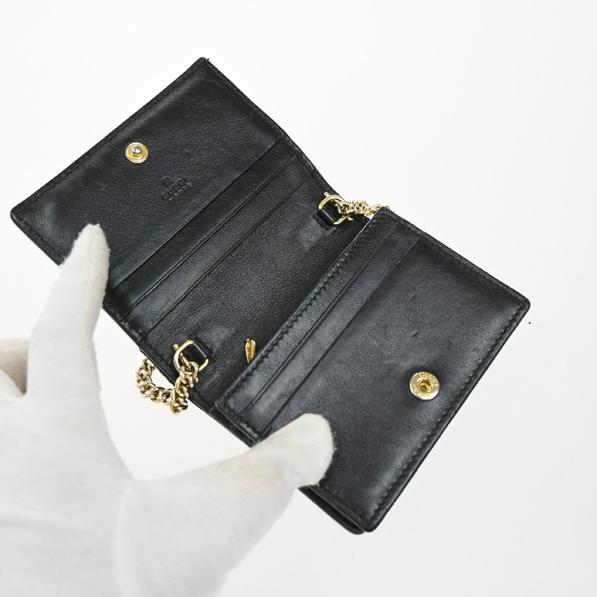 GUCCI GG Logo Zumi Chain Compact Wallet Leather Black Beige 60EG391