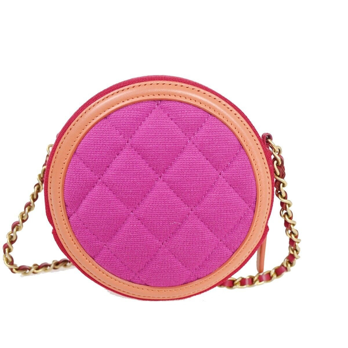 CHANEL CC Round Mini Chain Shoulder Bag Canvas Leather Red Magenta 377RH640