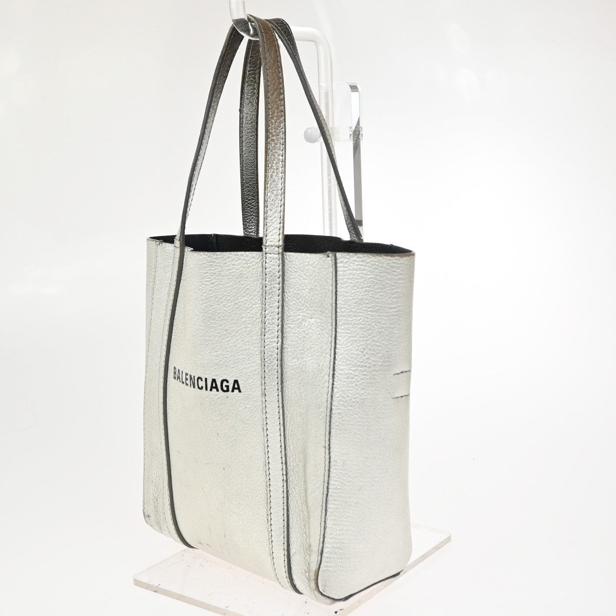 BALENCIAGA Logo Everyday Tote Hand Bag Leather Silver SHW 09CA906