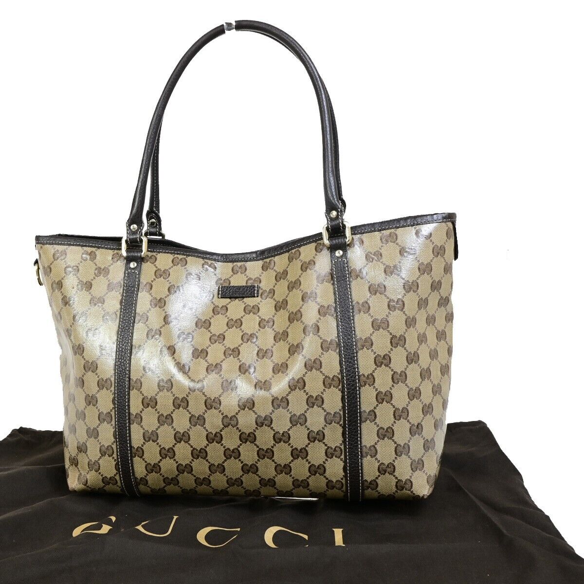 GUCCI GG Canvas Crystal Tote Shoulder Bag Coating Leather Brown Italy 34FB073