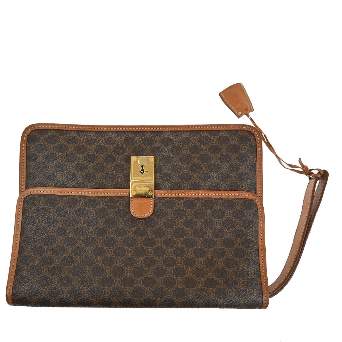 31.Live CELINE Macadam Pattern Clutch Hand Bag PVC Leather Brown GHW 60TA330
