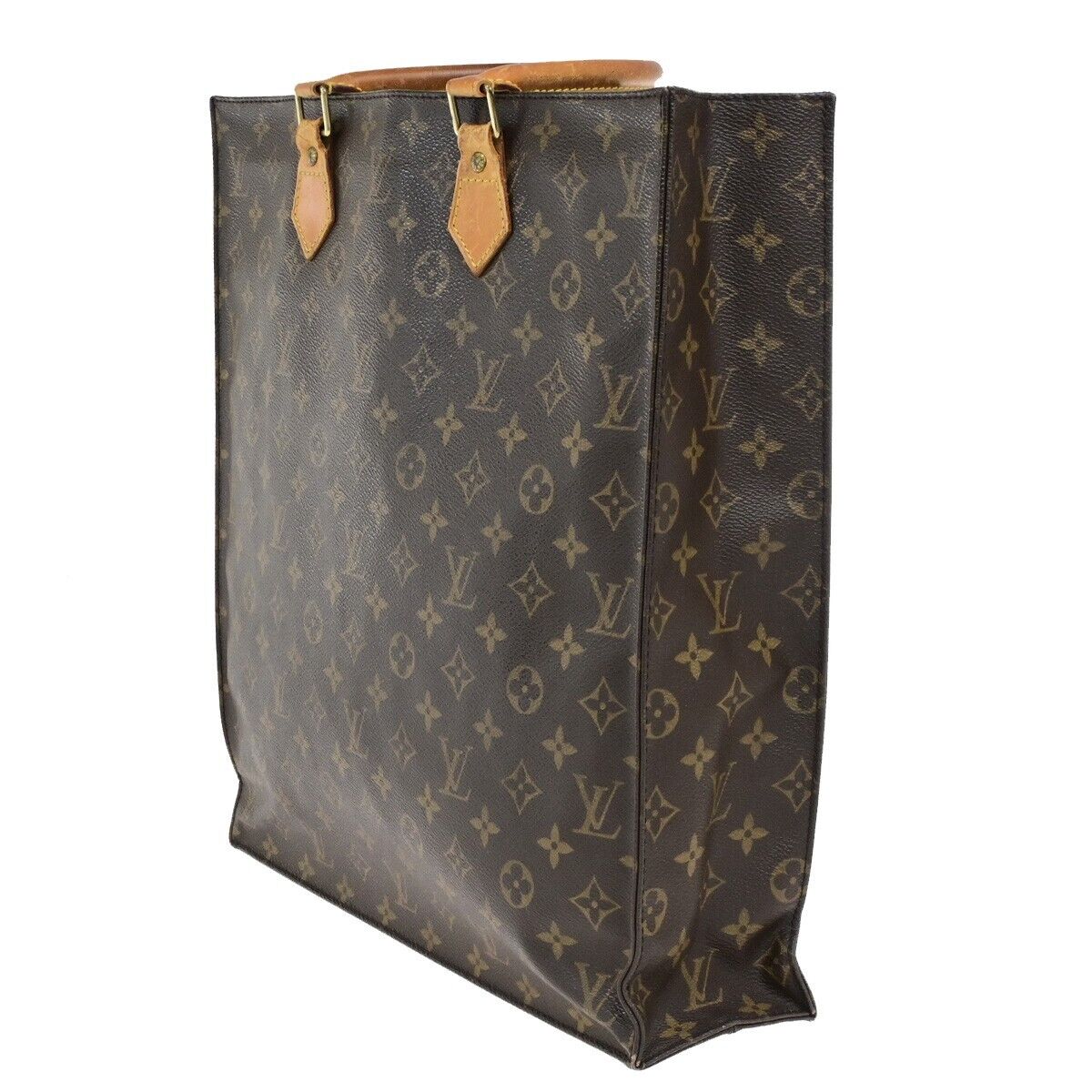 LOUIS VUITTON Logo Sac Plat Hand Tote Bag Monogram Leather Brown M51140 65ED899