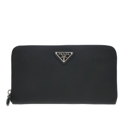 PRADA MILANO Logo Long Zipper Around Wallet Nylon Leather Black Italy 62KB035