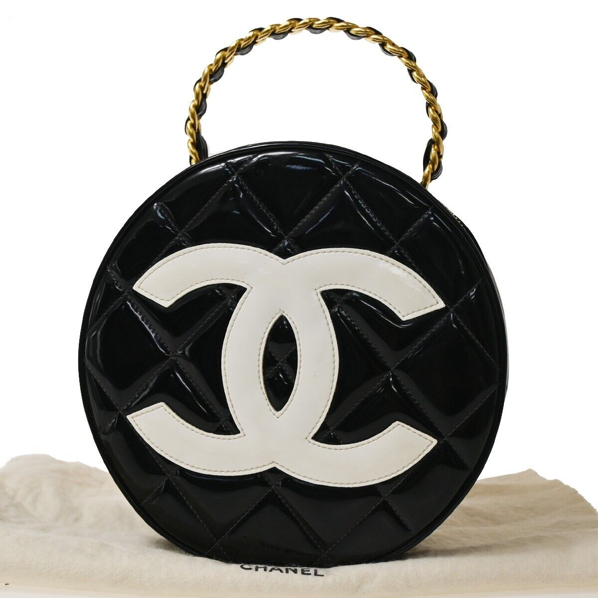 CHANEL CC Matelasse Round Vanity Chain Hand Bag Patent Leather Black 6820LC438
