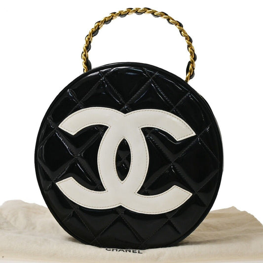 CHANEL CC Matelasse Round Vanity Chain Hand Bag Patent Leather Black 6820LC438