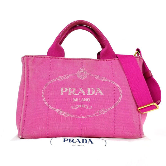 PRADA Logo Mini CANAPA 2Way Shoulder Hand Bag Canvas leather Pink Gold 32HB493
