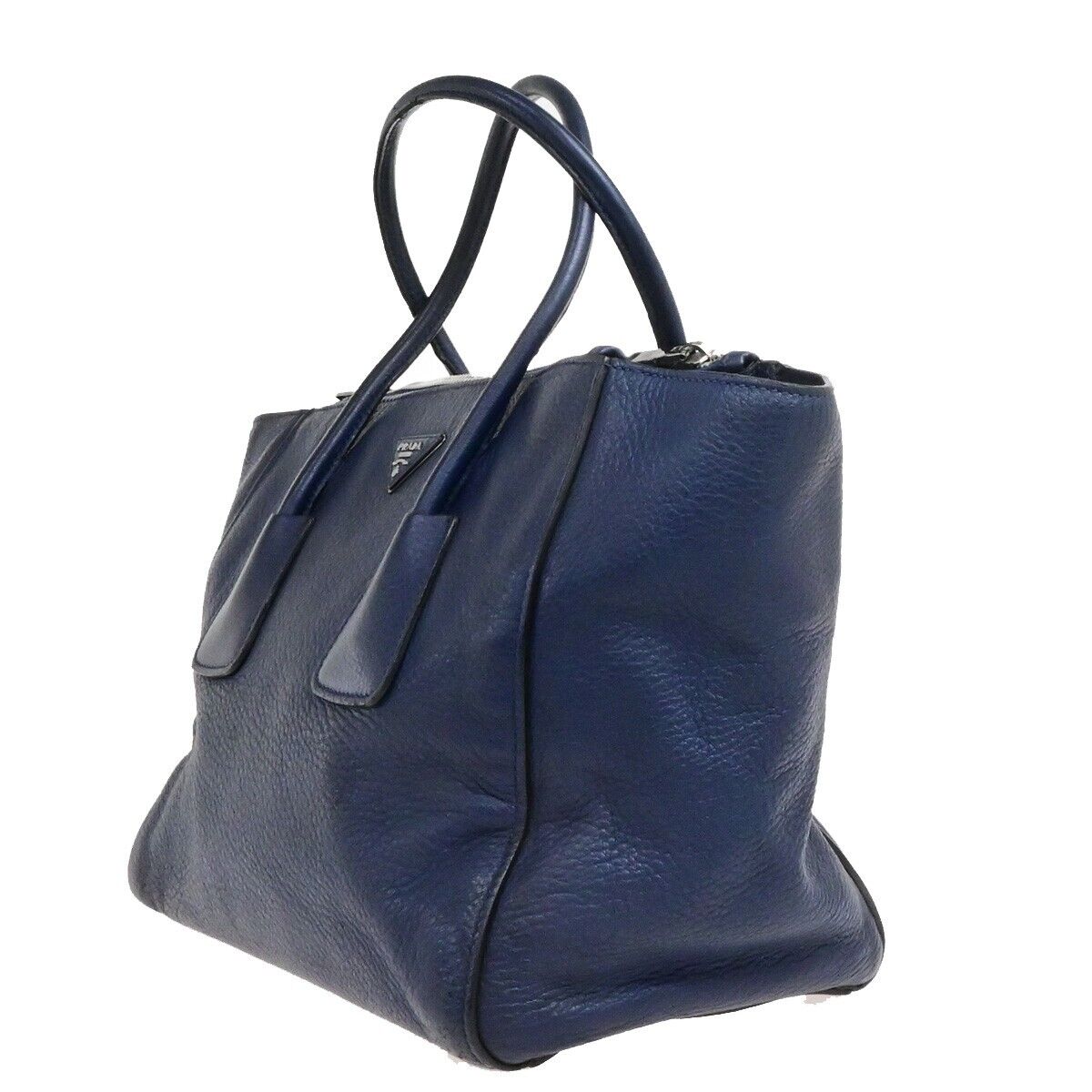 PRADA Milano Logo Shoulder Hand Bag Leather Navy Blue SHW Italy 31ED928