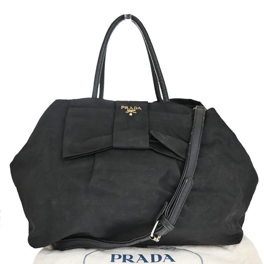 PRADA MILANO Logo Bow 2way Shoulder Hand Bag Nylon Leather Black Gold 66EA455