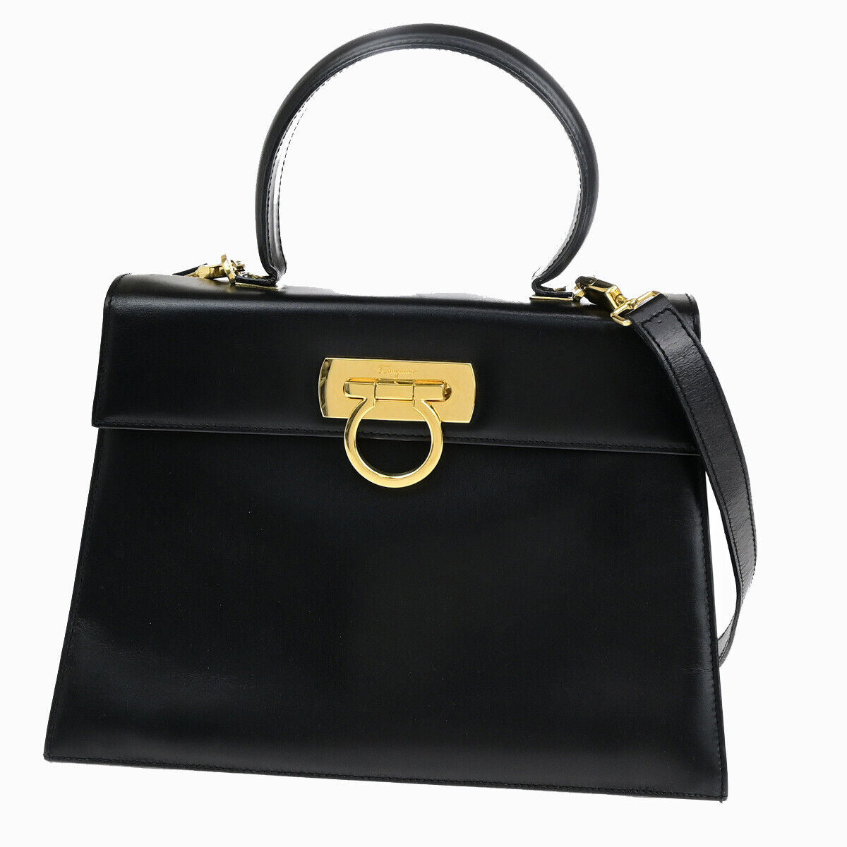 SALVATORE FERRAGAMO Gancini 2Way Shoulder Hand Bag Leather Black GHW 89YF705