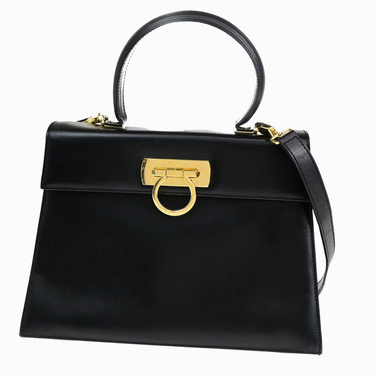 SALVATORE FERRAGAMO Gancini 2Way Shoulder Hand Bag Leather Black GHW 89YF705
