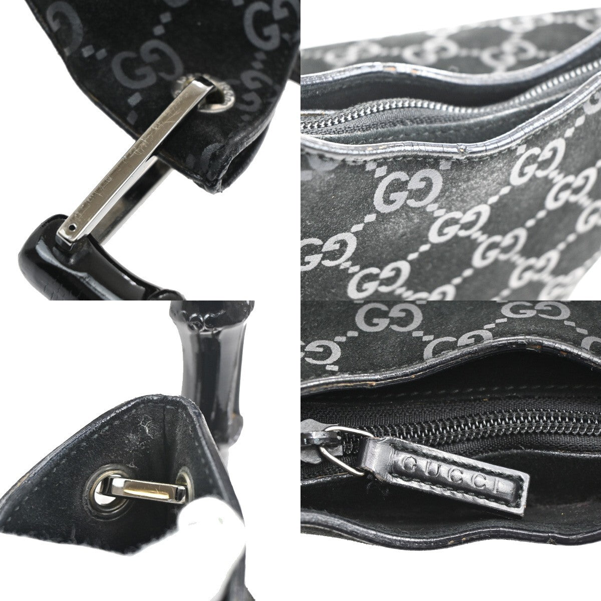 GUCCI Logo Bamboo GG Pattern Shoulder Bag Suede Leather Black Italy 36FB558