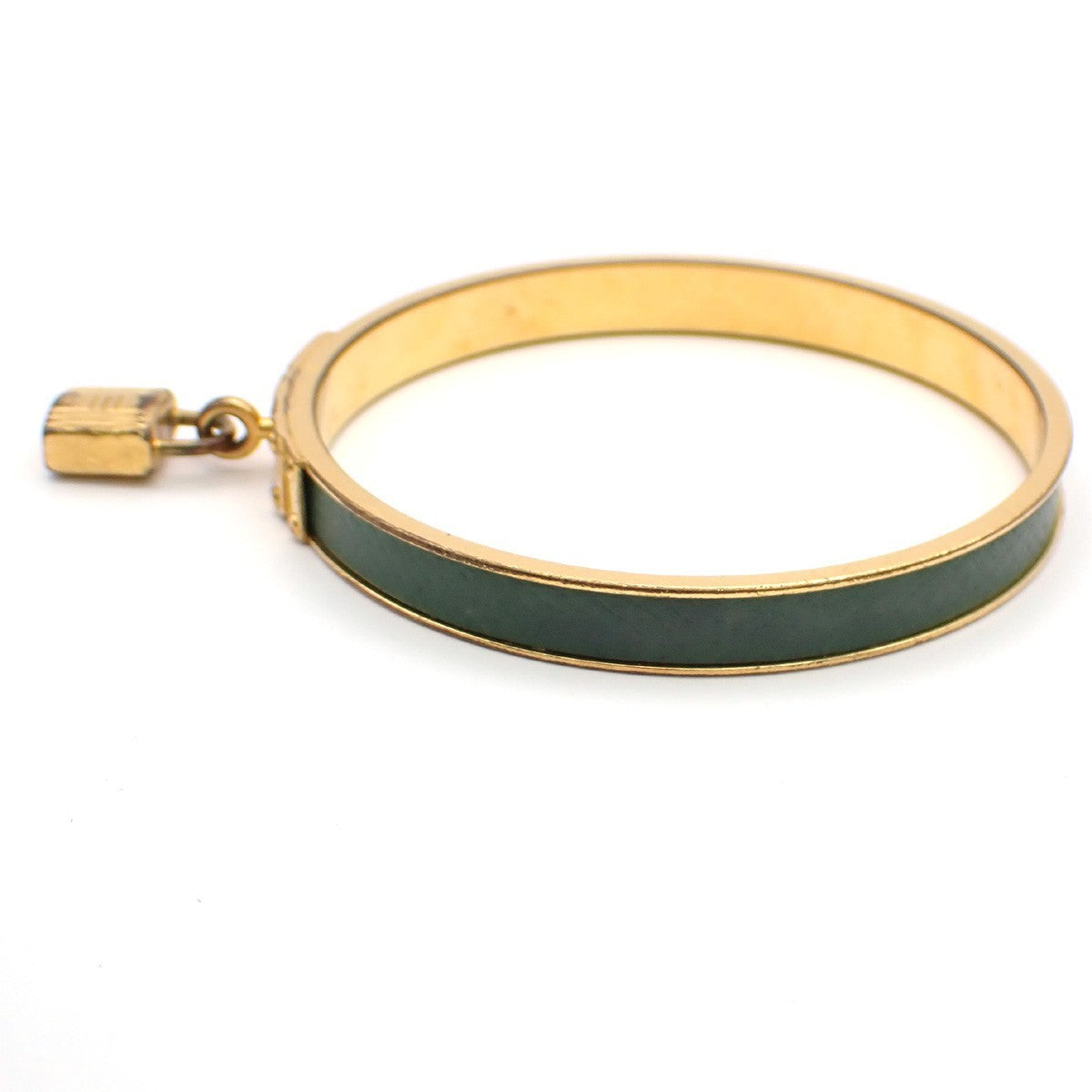 HERMES Logo Kelly Charm Bangle Bracelet Embossing Leather Green Gold 62KP350