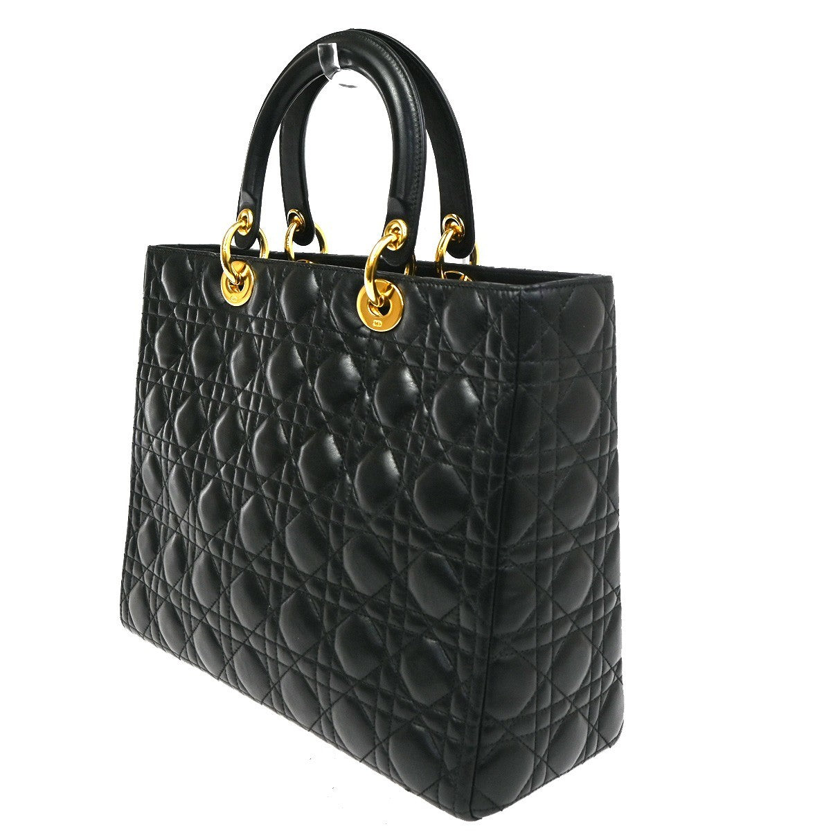 CHRISTIAN DIOR Lady Cannage Hand Tote Bag Leather Black Gold Italy 653RL740
