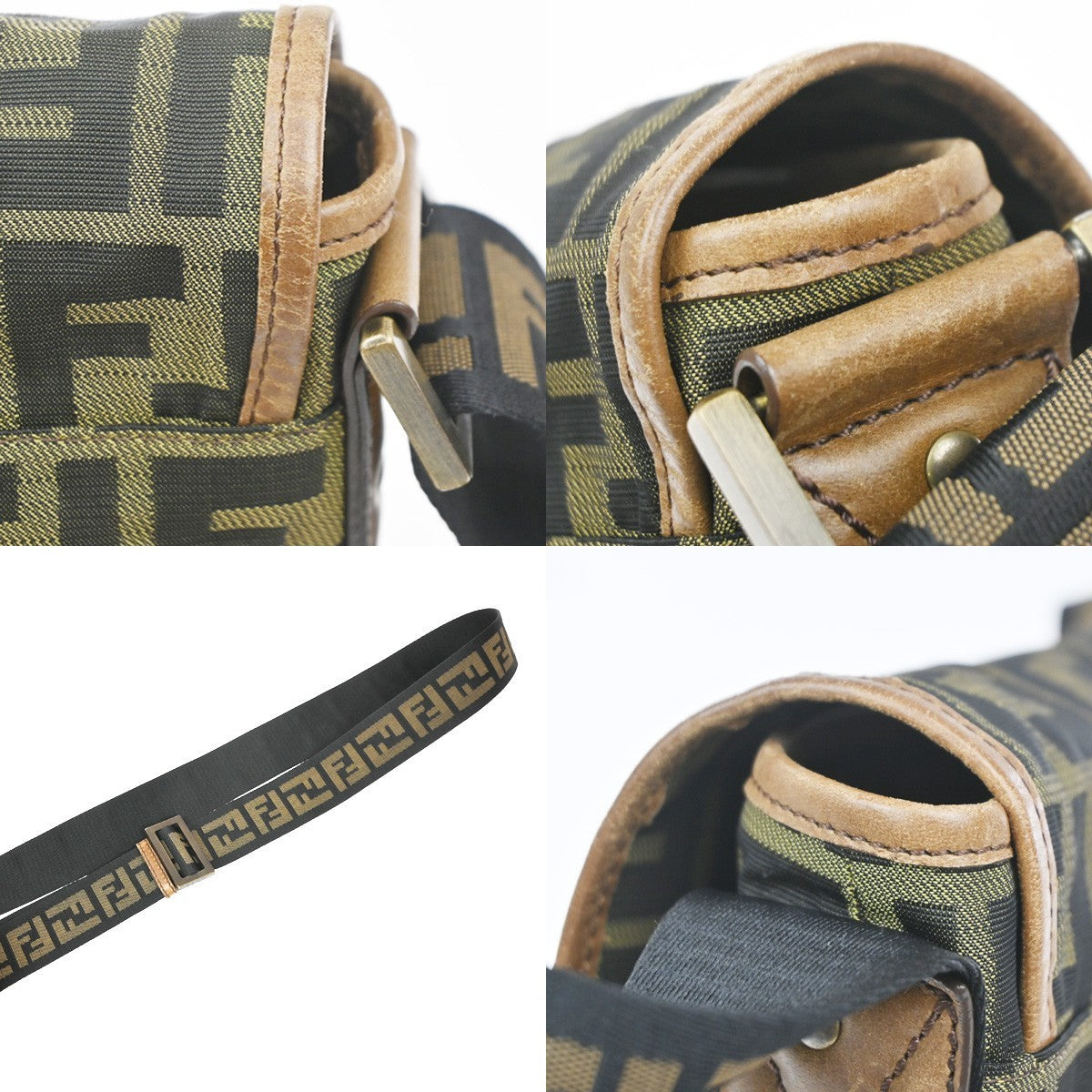 FENDI FF Logo Zucca Pattern Shoulder Bag Canvas Leather Khaki GHW Italy 71MA559