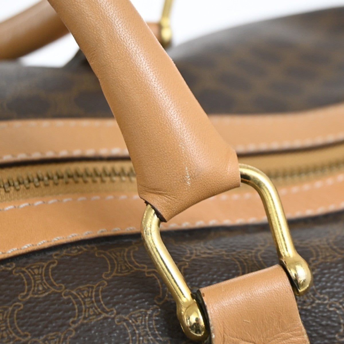CELINE Logo Macadam Pattern Hand Boston Bag PVC Leather Brown Beige GHW 60DA044