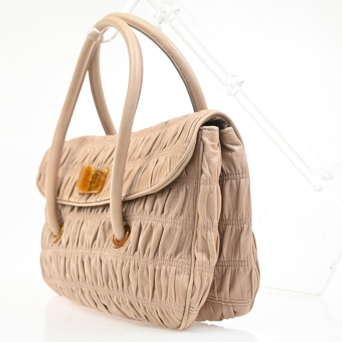 PRADA Logo Flap Shoulder Hand Bag Gathered Nappa Leather Beige Italy 70MA395
