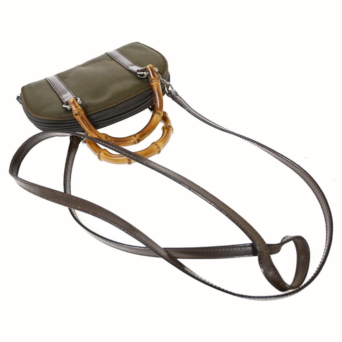 GUCCI Logo Bamboo Mini 2Way Shoulder Hand Bag Canvas Leather Khaki Italy 05HB244