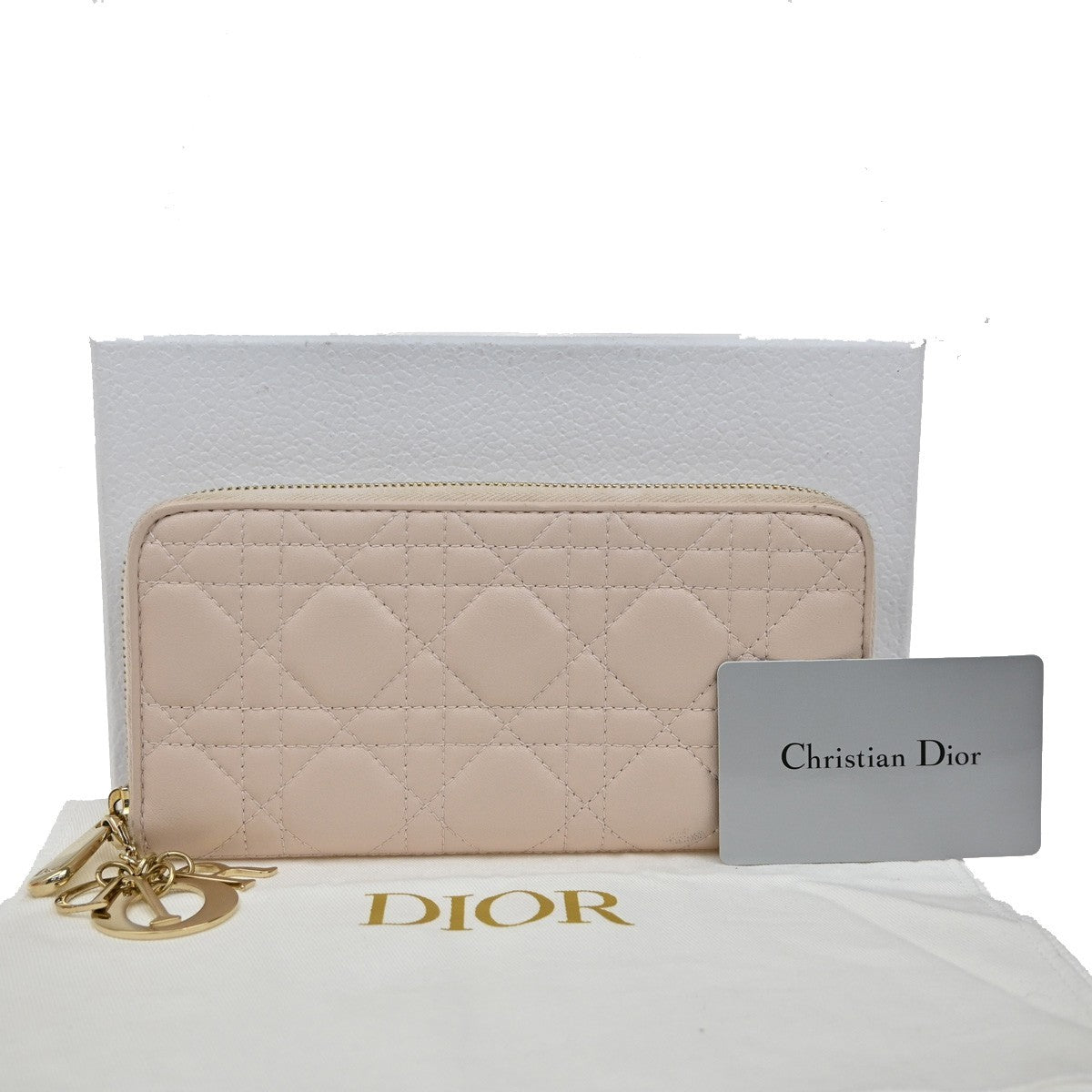 CHRISTIAN DIOR Logo Cannage Zipper Around Long Wallet Leather Pink GHW 80KB338