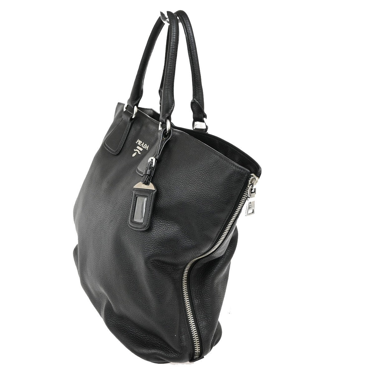PRADA Logo Side zipper Hand Tote Bag Pebbled leather Black SHW 87TA115