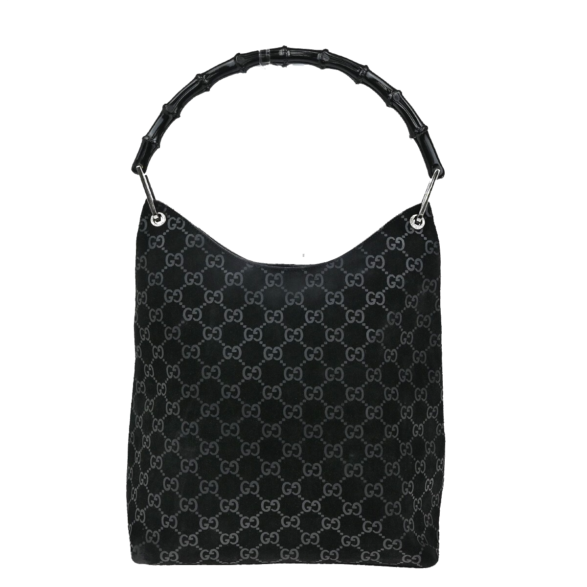 GUCCI Logo Bamboo GG Pattern Shoulder Bag Suede Leather Black Italy 36FB558
