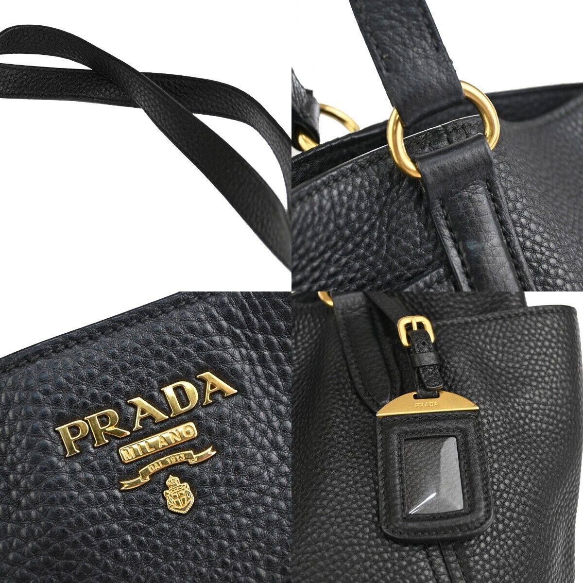 PRADA Logo Shoulder Tote Bag Leather Black Gold Made in Italy 93EA812