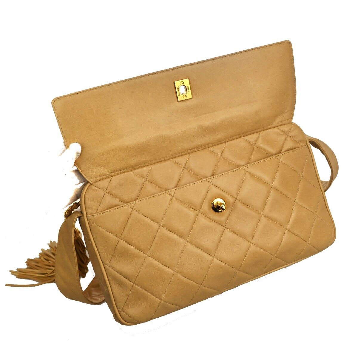 CHANEL CC Logo Matelasse Fringe Shoulder Bag Leather Beige GHW Vintage 617RH359