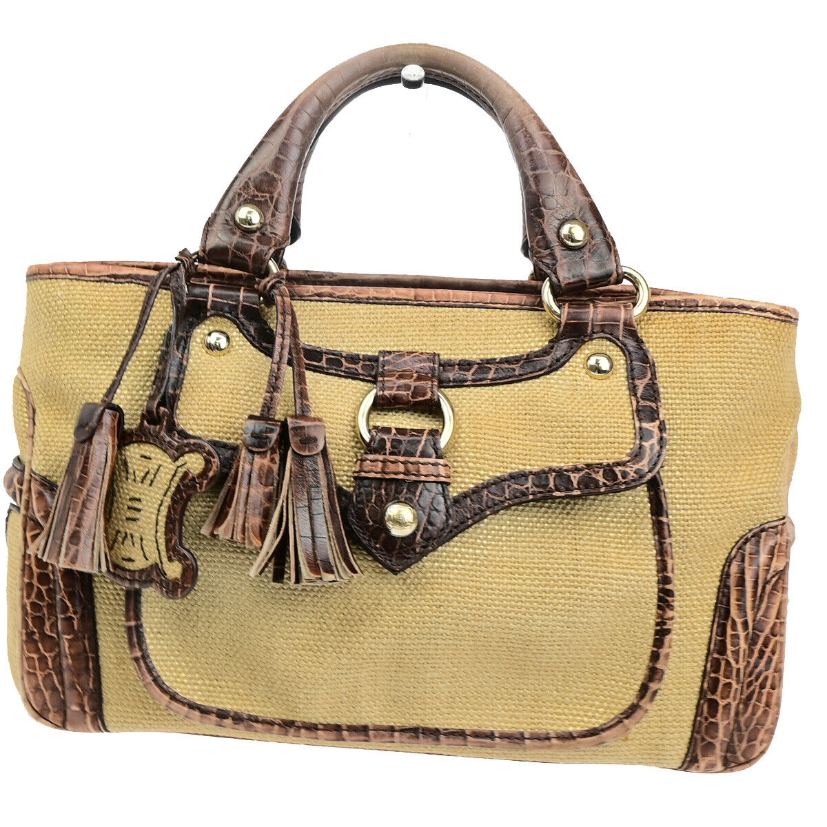 CELINE Logo Boogie Hand Bag Canvas Embossing Leather Charm Brown GHW 60YF122