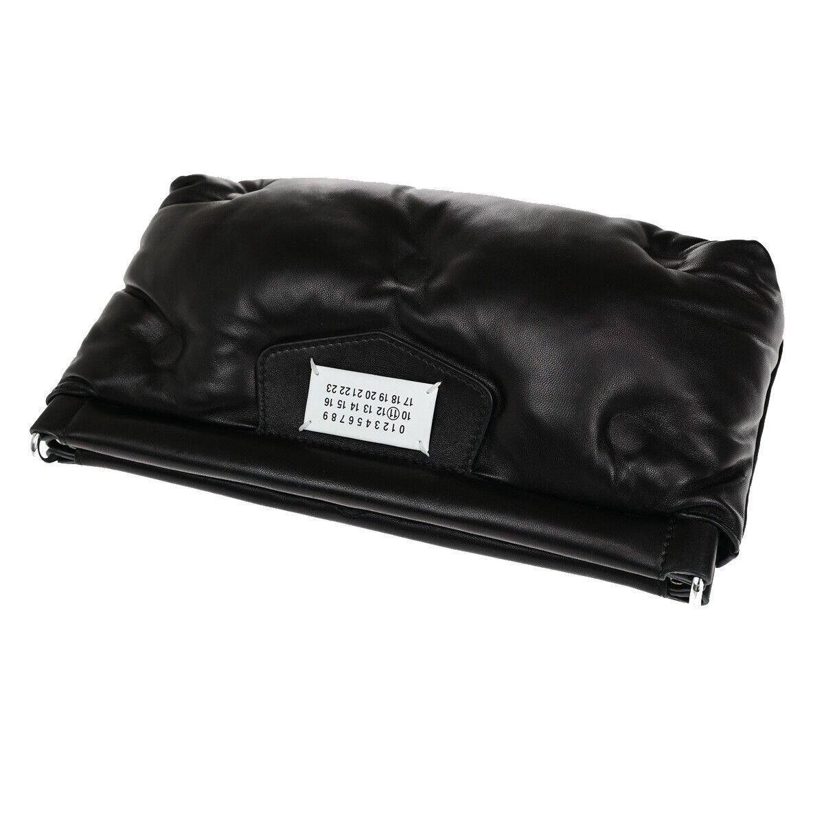 MAISON MARGIELA Logo Glam Slam Chain Clutch Hand Bag Leather Black Silve 40RF146