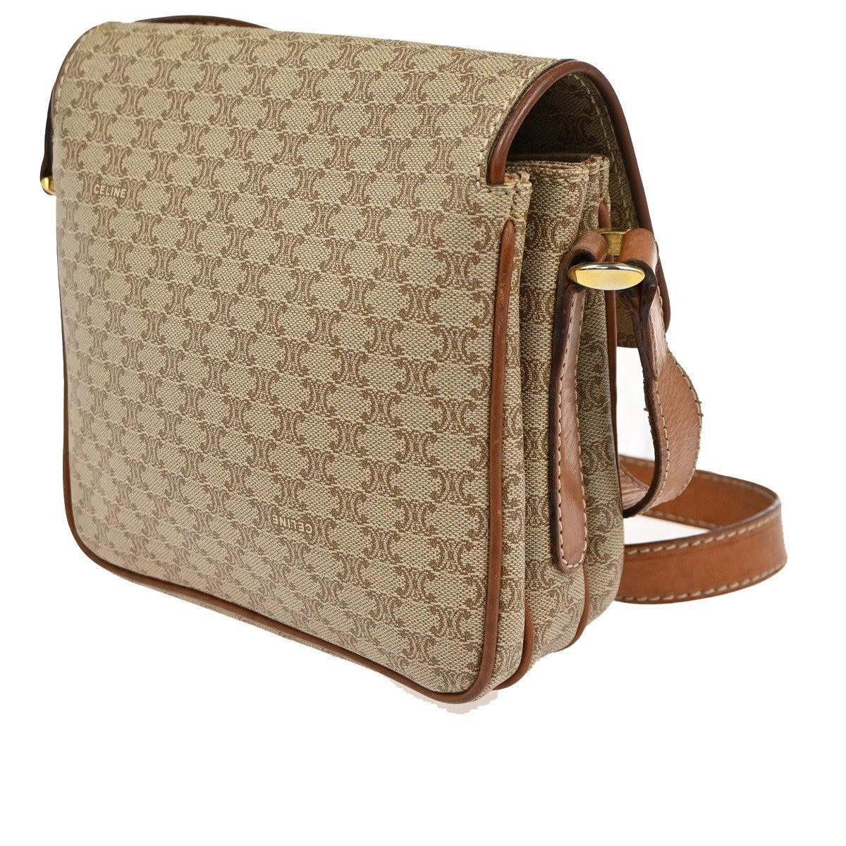 CELINE Logo Macadam Pattern Shoulder Bag PVC Leather Beige GHW Italy 67CA718