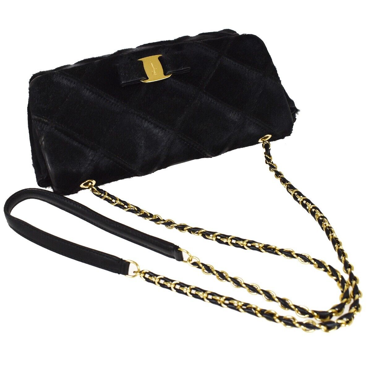 SALVATORE FERRAGAMO Vara Chain Shoulder Bag Fur Leather Black Gold Italy 67GA804