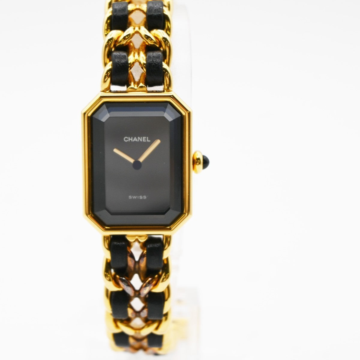 CHANEL Logo Premiere Watch M Size Quartz Gold Plated Leather Swiss Made 620LC637