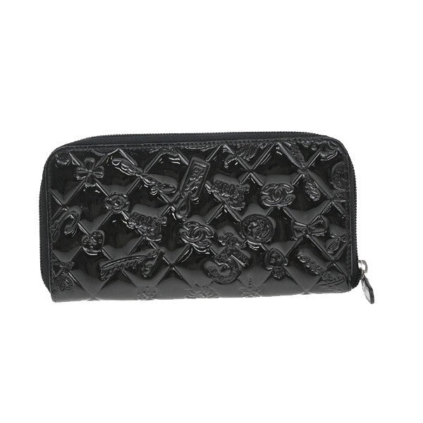 CHANEL CC Icon Matelasse Zipper Around Long Wallet Patent Leather Black 86RF619