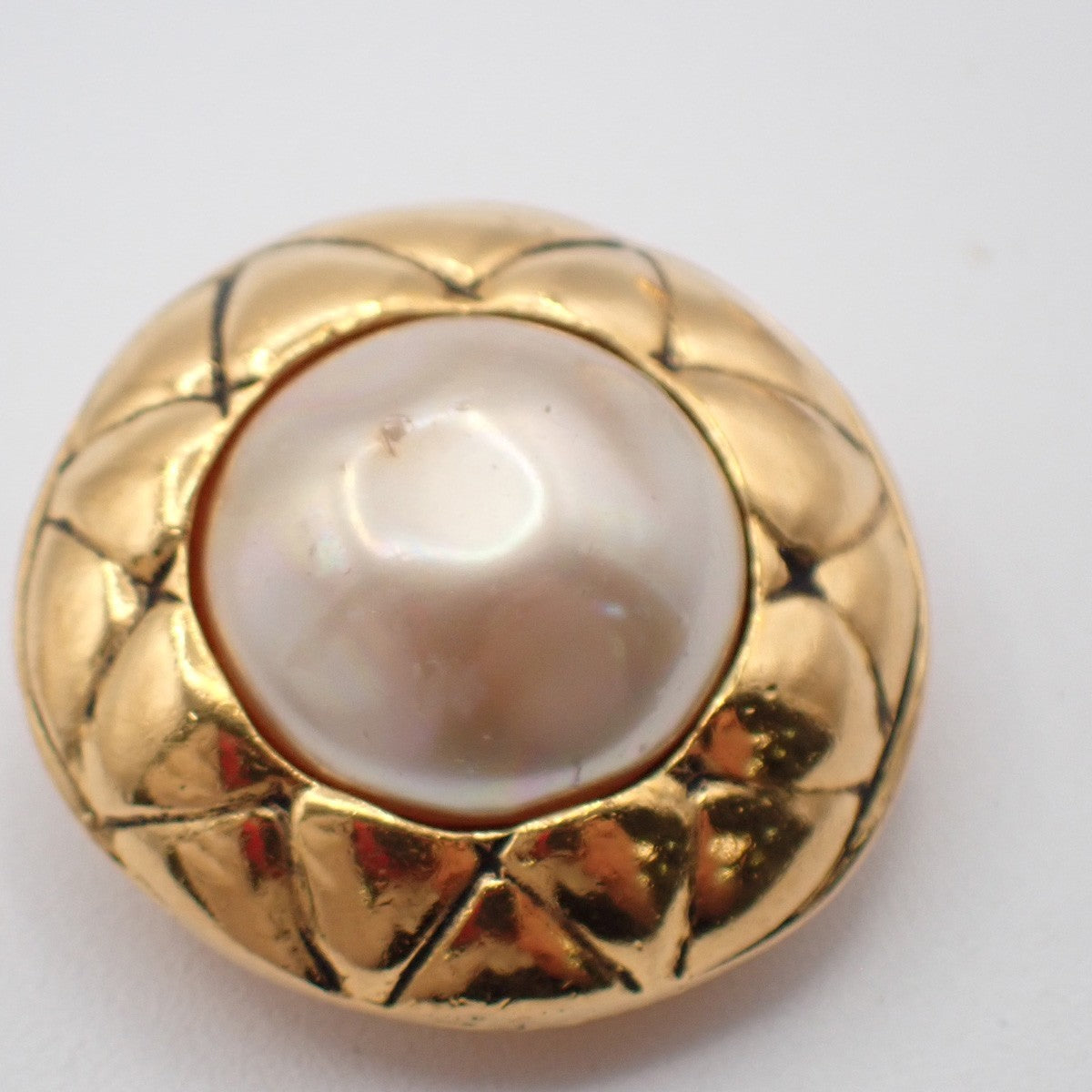 CHANEL Logo Imitation Pearl Round Button Earrings Clip-On Gold 61RF636