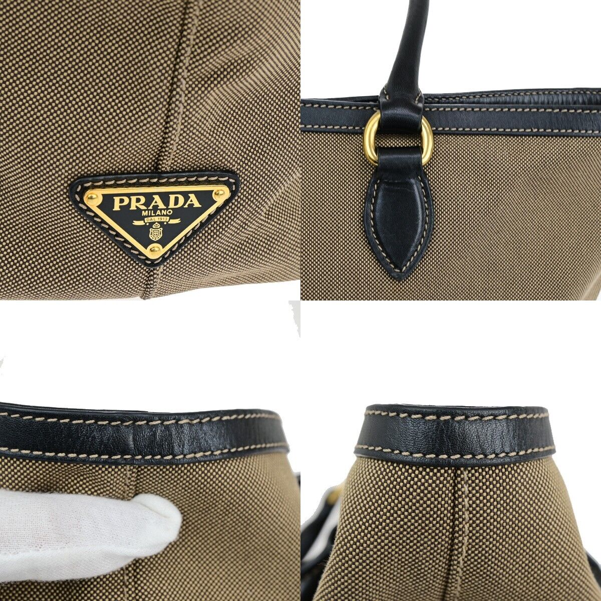 PRADA MILANO Logo Jacquard Shoulder Bag Canvas Leather Brown Black Gold 75SH961