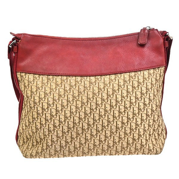CHRISTIAN DIOR Logo Trotter Shoulder Bag Canvas Leather Red Brown 16TA621
