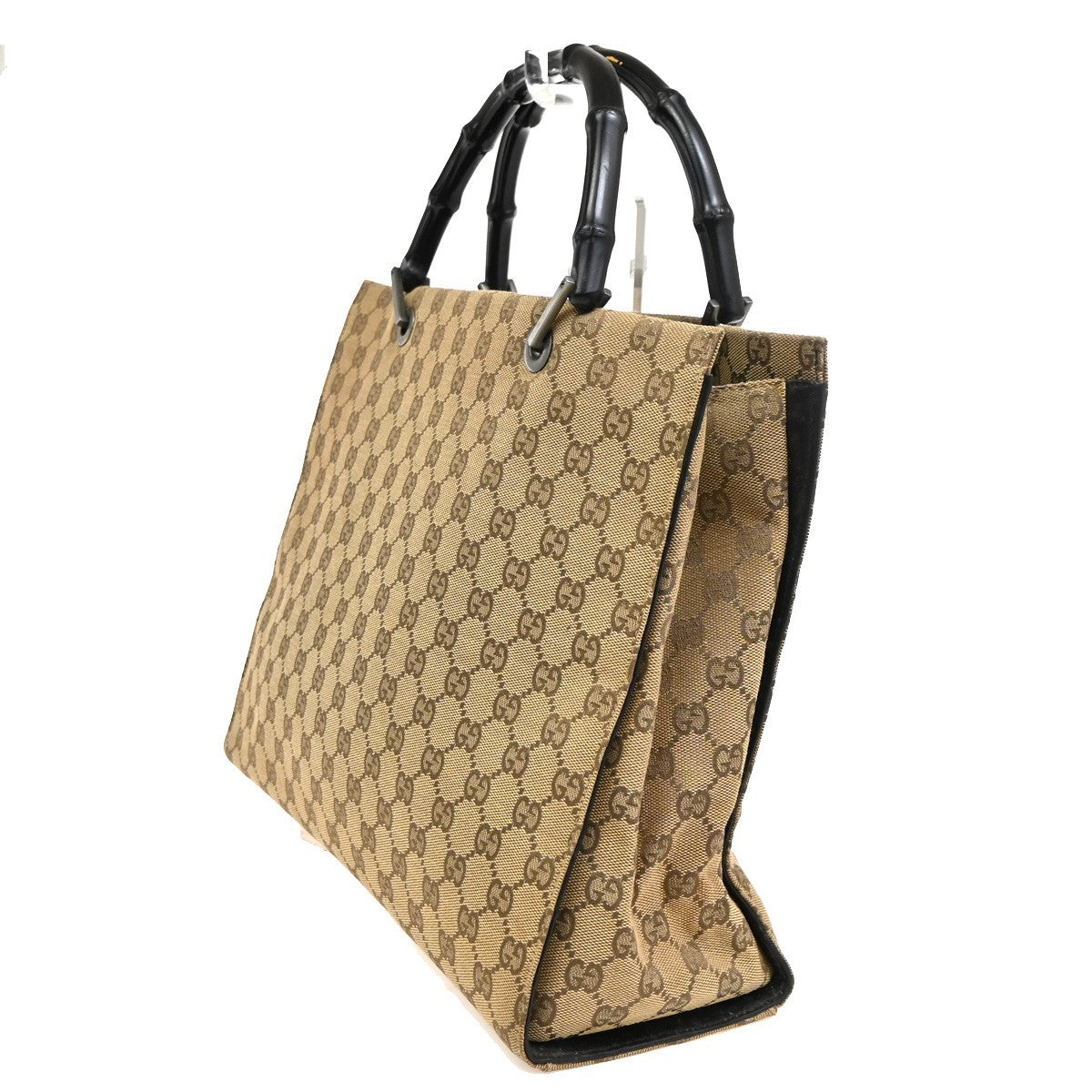 GUCCI Logo GG Pattern Hand Tote Bag Bamboo Canvas Leather Beige Italy 31TA687
