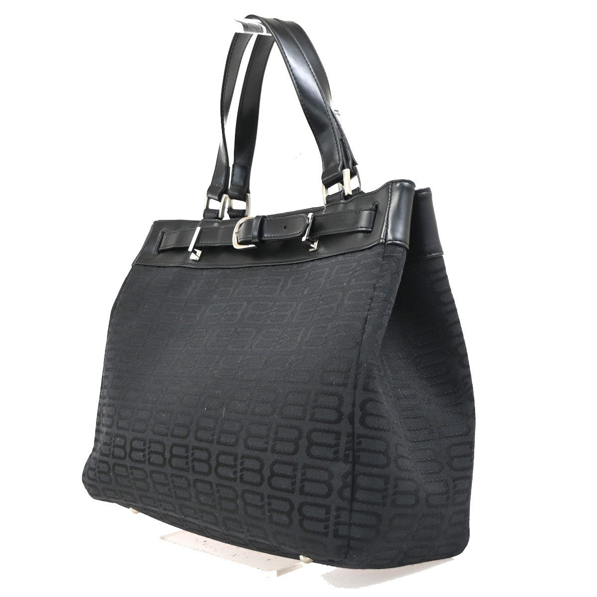 BALENCIAGA Logo BB Pattern Tote Hand Bag Canvas Leather Black SHW 67KD106