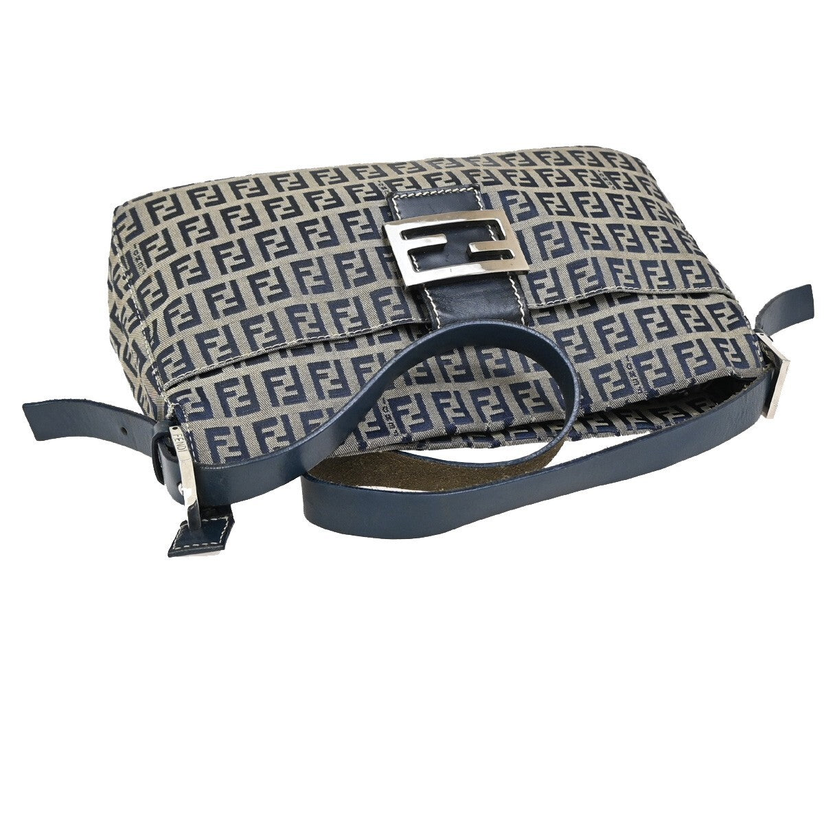 FENDI Logo Zucchino Pattern Shoulder Bag Canvas Leather Navy Blue Silver 70EE283
