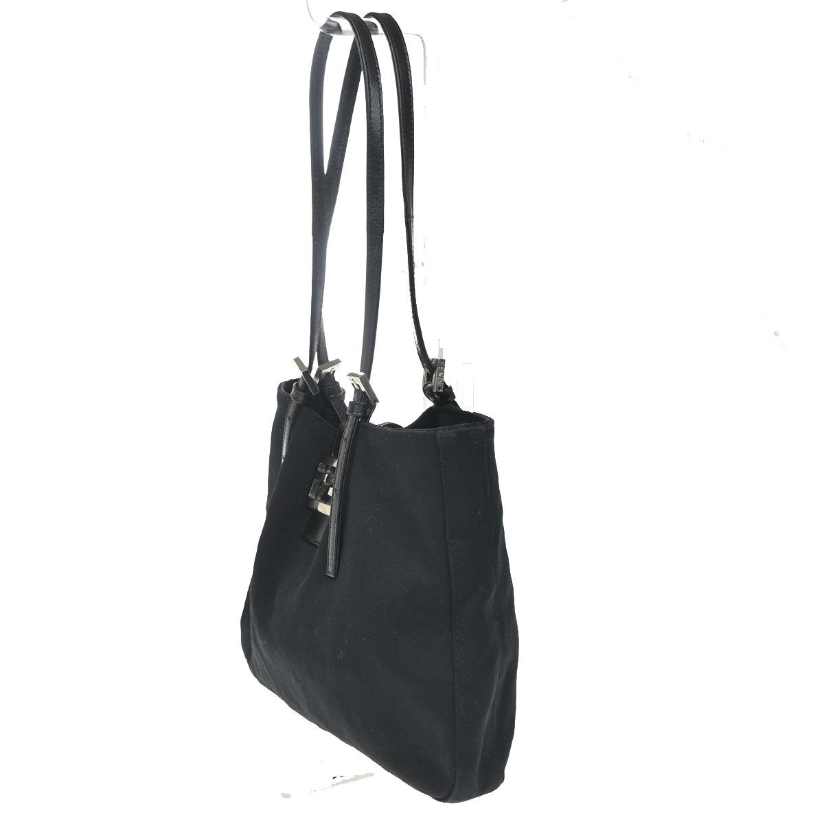 FENDI Logo Mamma Baguette Hand bag Nylon Leather Black SHW Italy 35KD062