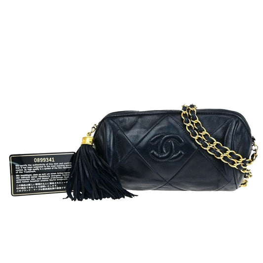 CHANEL Matelasse Tassel Chain Mini Shoulder Bag Leather Navy Vintage 660RK687