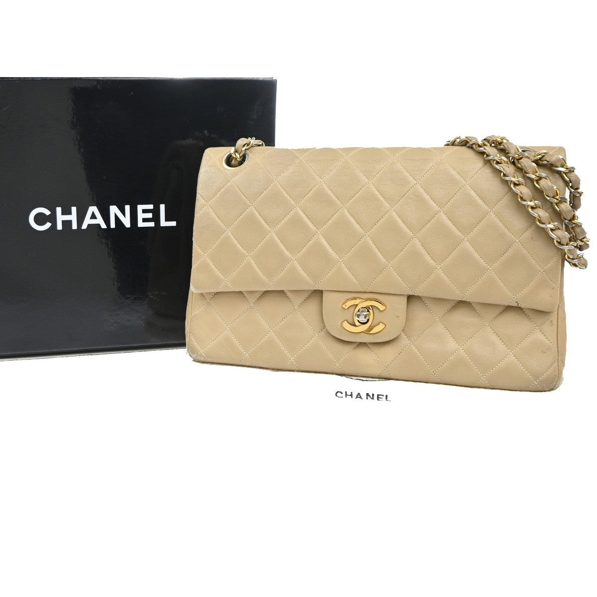 CHANEL CC Matelasse 25 Double Flap Cahin Shoulder Bag Leather Beige GHW 397RL943