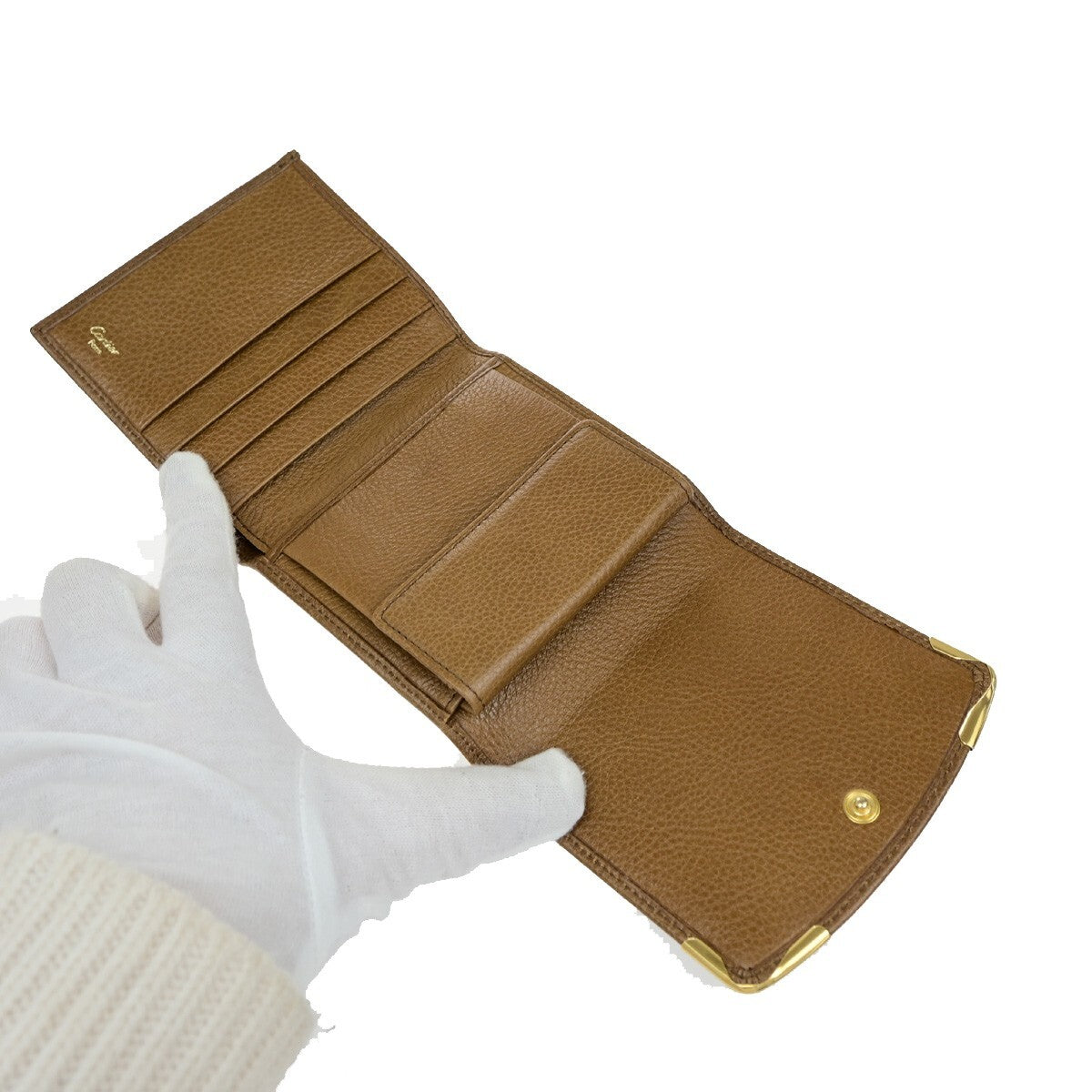 Cartier 2C Logo Trifold Compact Wallet Leather Brown Gold 60KP172