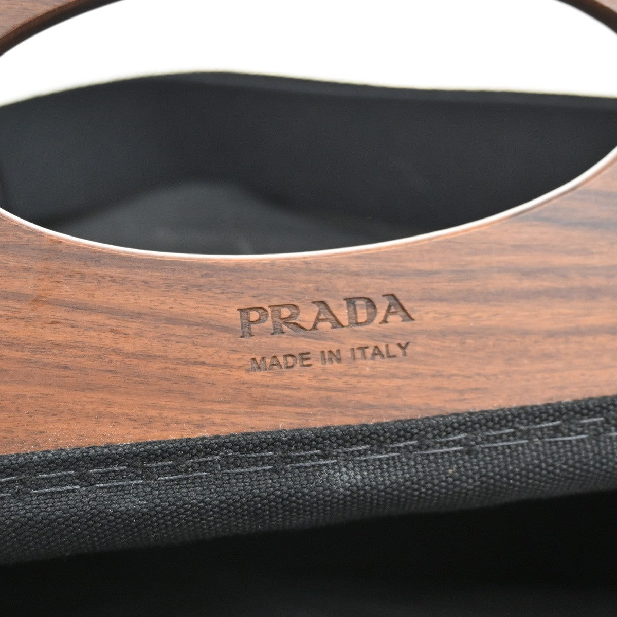 PRADA Milano Logo CANAPA 2Way Tote Hand Bag Canvas Wood Black Italy 50RL769