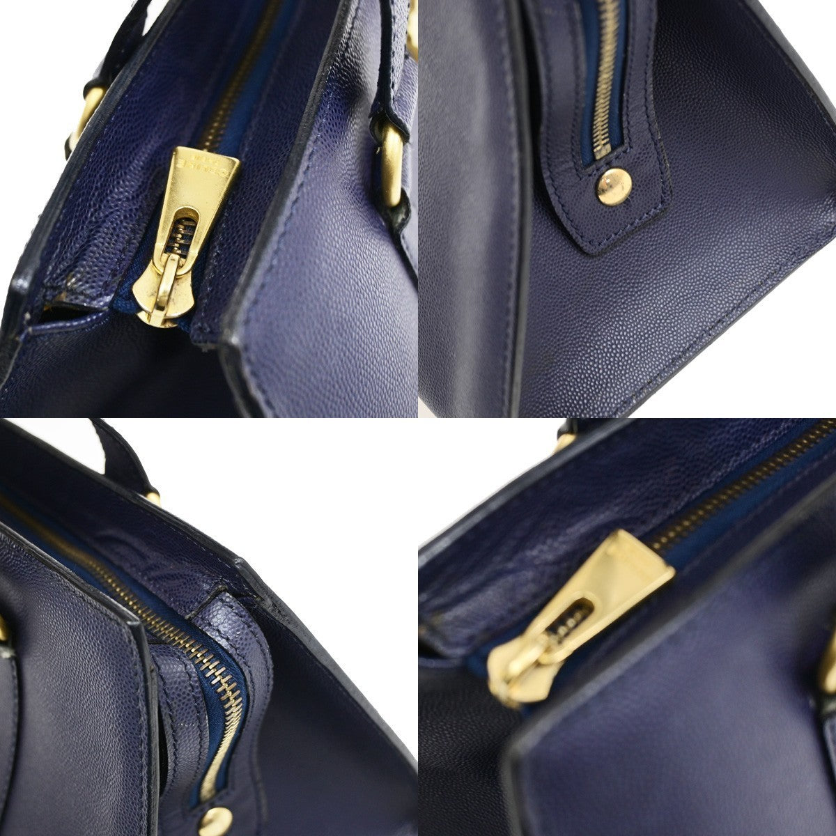 CELINE Logo Shoulder Hand Bag Grained Leather Navy Blue GHW Italy 65KD114