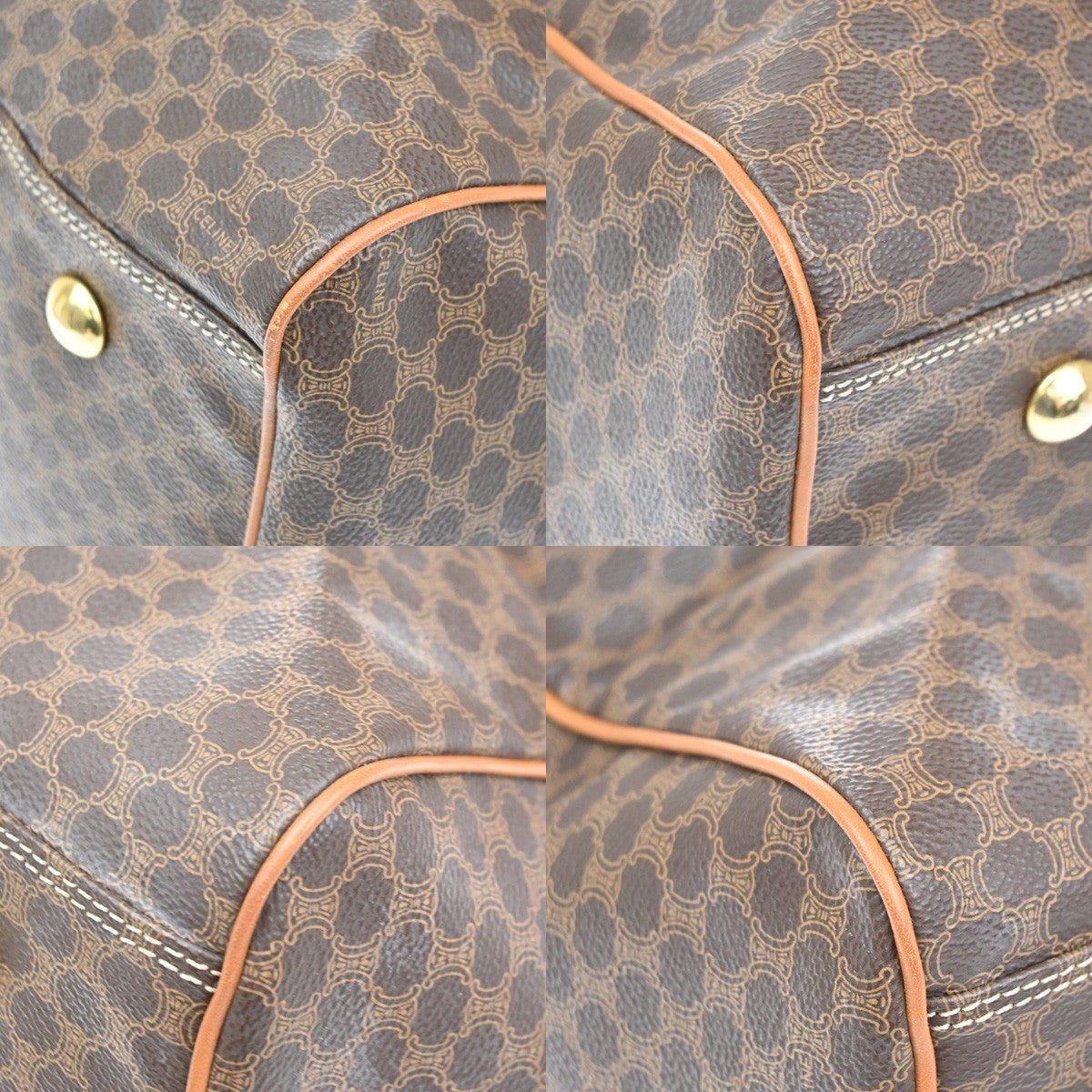 CELINE Logo Macadam Pattern Boston Hand Bag PVC Leather Brown GHW 30CA937