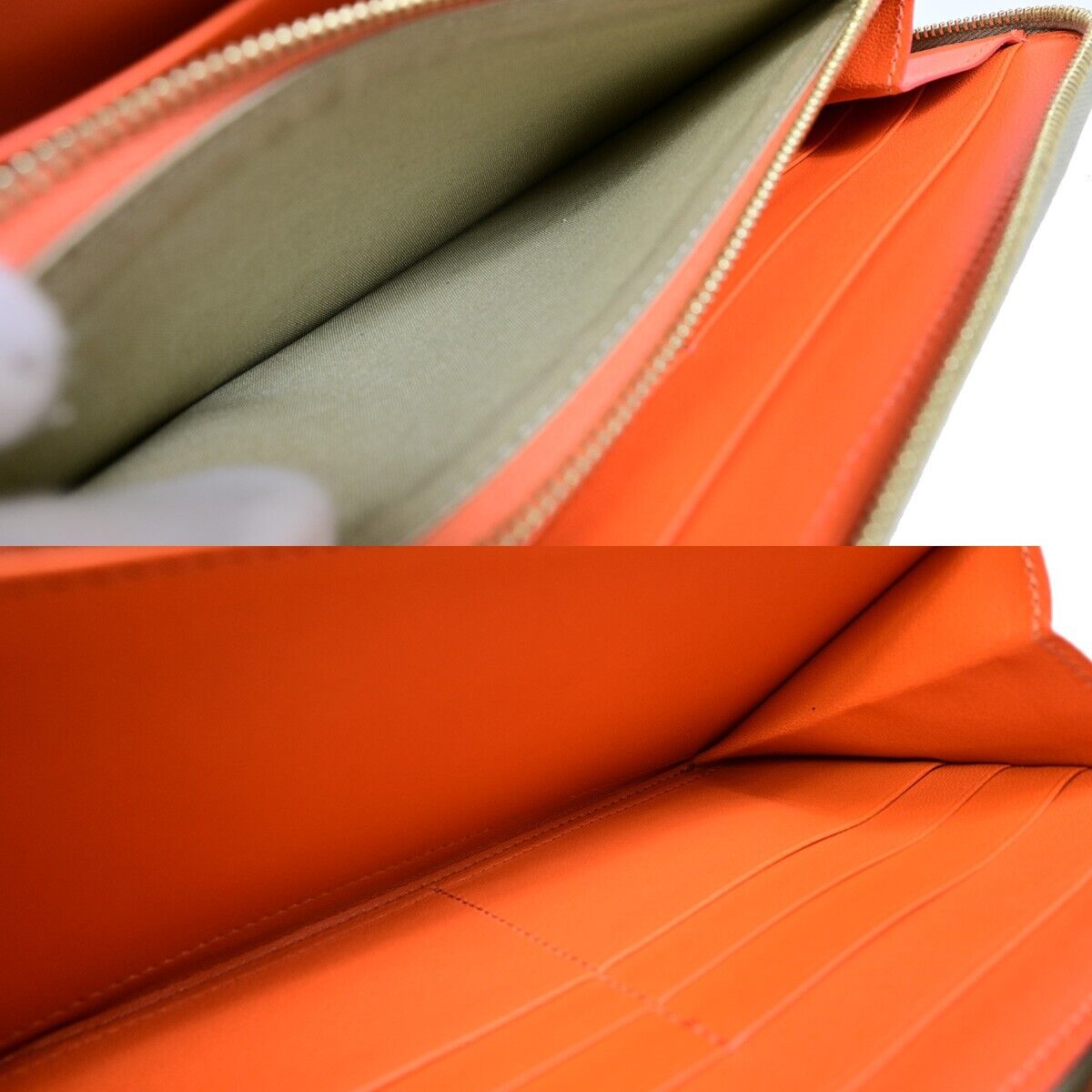 CELINE Logo Bicolor Round Zipper Long Wallet Canvas Leather Beige Orange 09KA373
