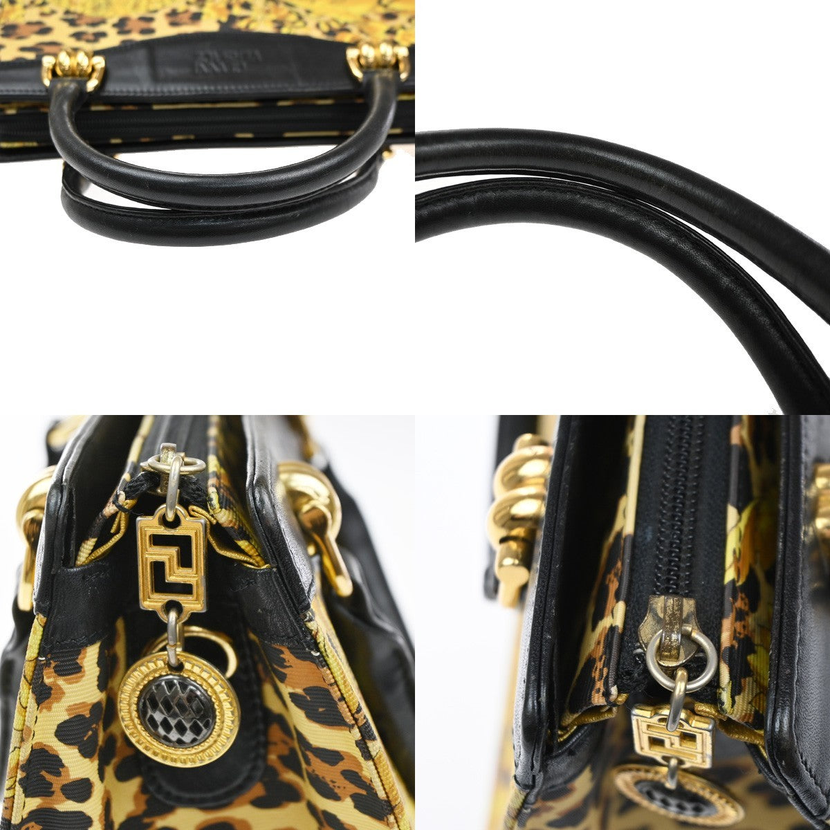 GIANNI VERSACE Logo Hand Bag Canvas Leather Yellow Black Italy GHW 30MA670